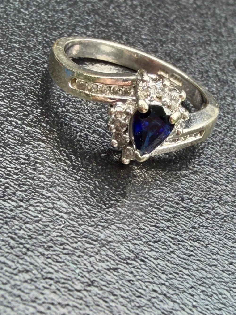 14 KT WHITE GOLD Teardrop Blue Sapphire Halo Ring with Pavé Band - Women Jewelry